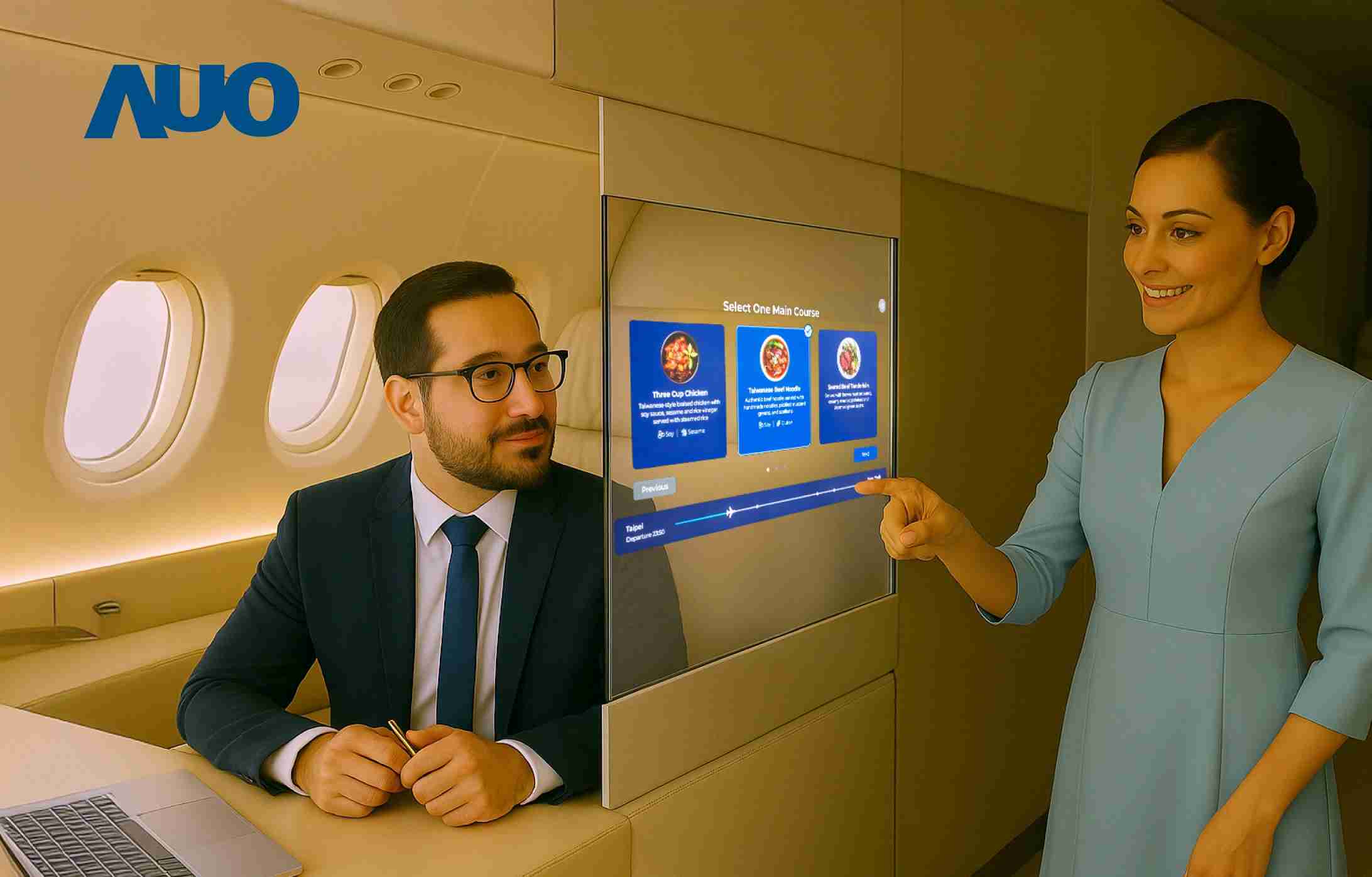 彩运网研发全球最薄17.3 吋双面透明 Micro LED 显示器，，，可在同一屏幕之双边投射不同信息，，，创造独特的”透明化”互动；图为实时翻译交流应用情境